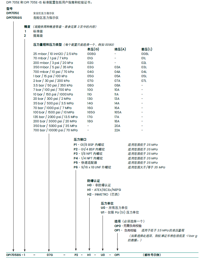 DPI705E选型参数